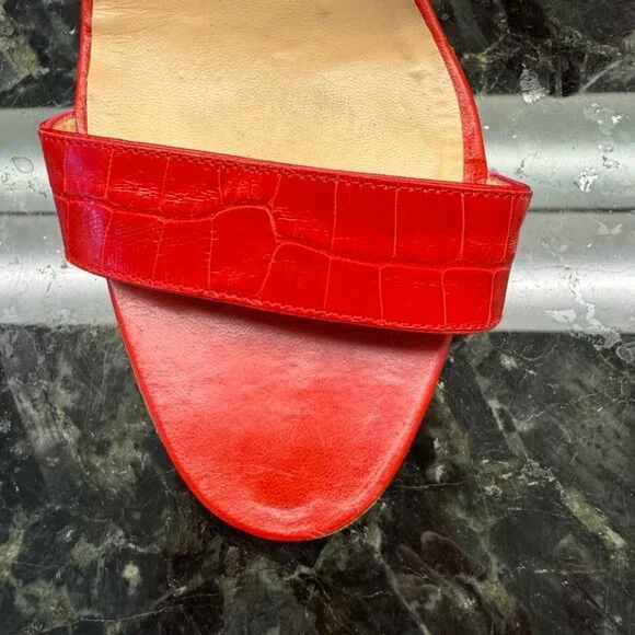 Manolo Blahnik Red Leather Croc Embossed Double Strap Sandals 40 8.5 9 Luxury - Picture 5 of 11